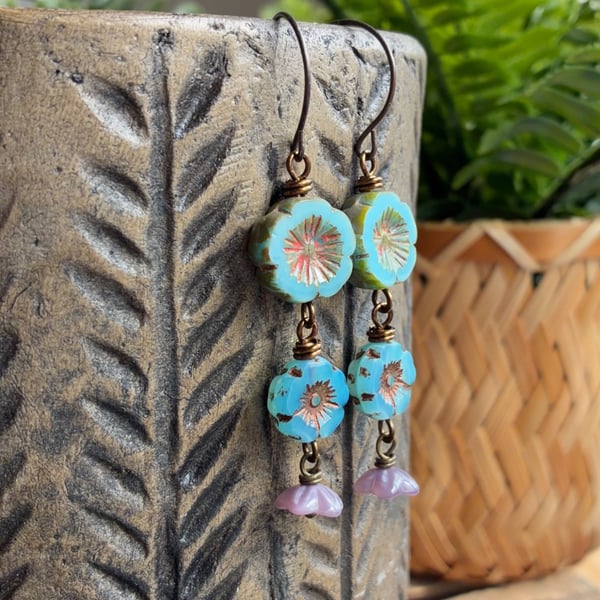 Turquoise, Blue and Lavender Czech Glass Flower Drop Earrings