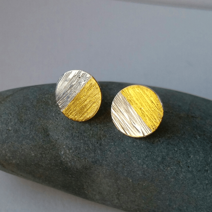 SALE Round Textured Silver Stud Earrings with Gold, Handmade in UK. Medium