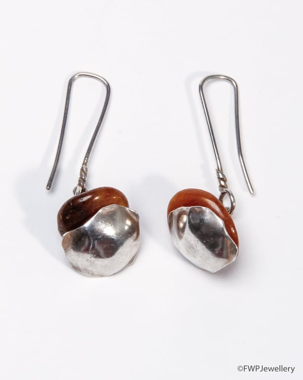 Silver-Wrapped Amber Bead Hoop Earrings