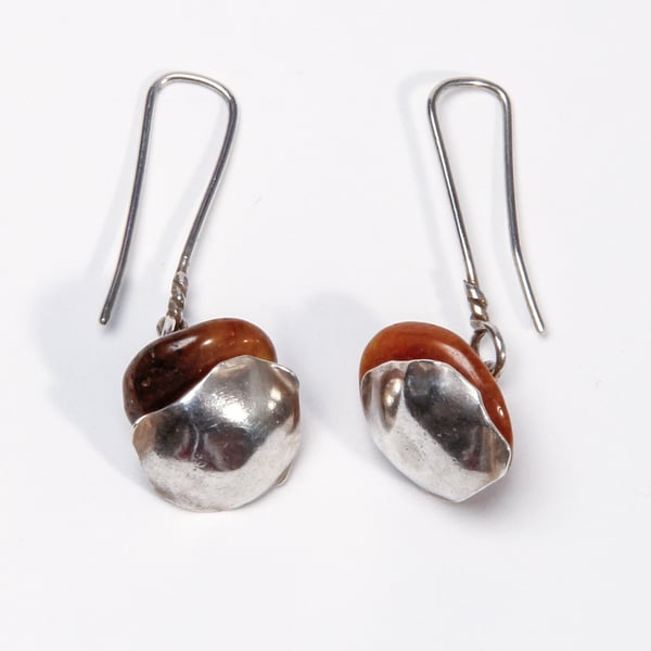 Silver-Wrapped Amber Bead Hoop Earrings