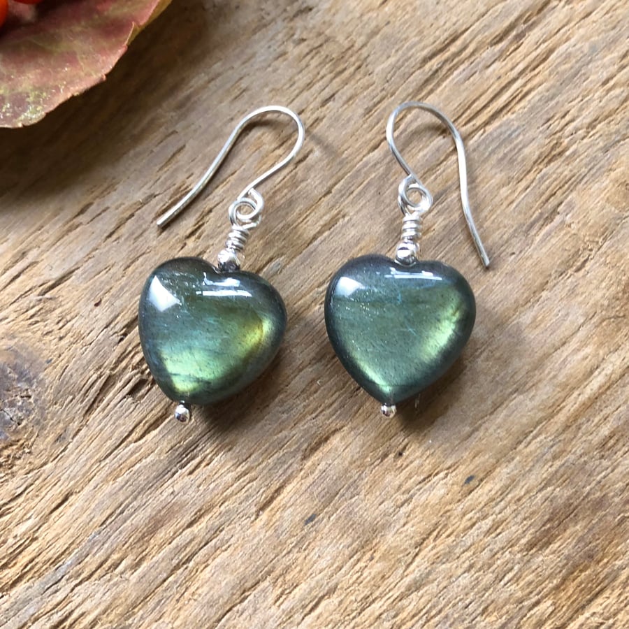 Labradorite Earrings, Heart Dangle Earrings. Boho Drop Earrings 
