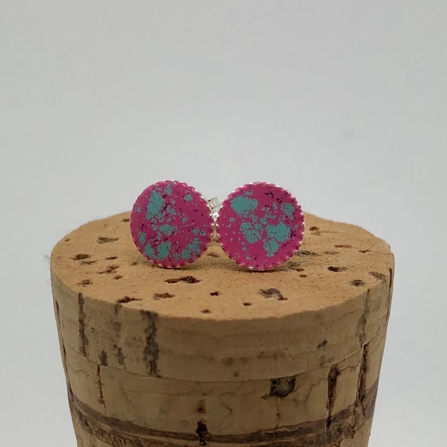 Pink & Turquoise Sterling Silver Hand Enamelled Stud Earrings. 