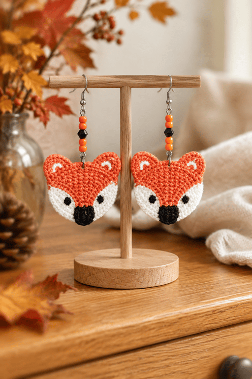 Fox Crochet Dangly Earrings – Handmade dangly fox earrings OOAK