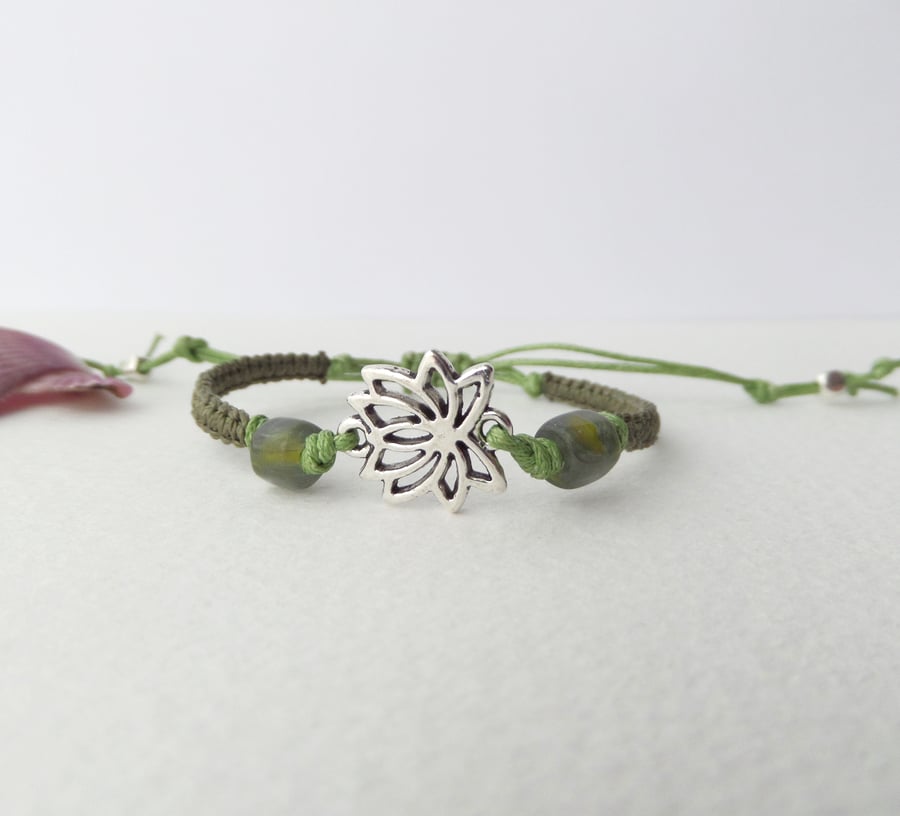 Lotus Flower Bracelet, Tibetan Silver, Macramé  Adjustable