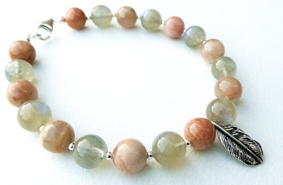 Labradorite and Sunstone Sterling Silver Feather Charm Bracelet
