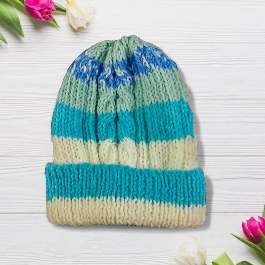 Hand Knitted Baby Beanie Blue Cream Cable Knit Newborn Winter Hat  