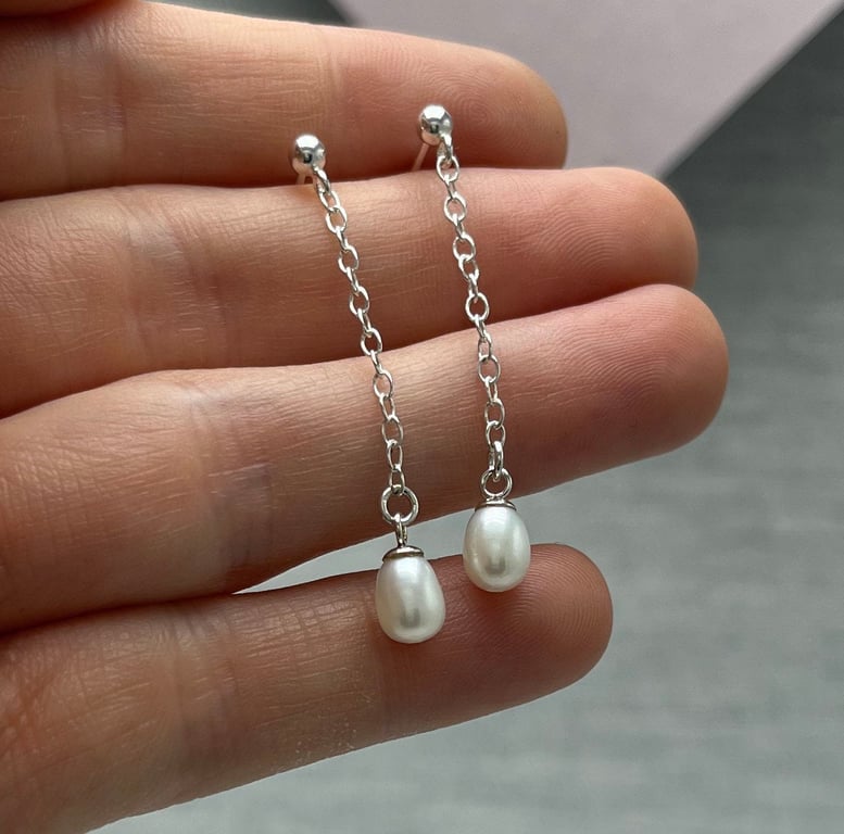 Rice Pearl Drop Earrings - Handmade, Sterling Silver, Freshwater Pearl 
