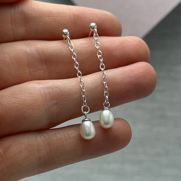 Rice Pearl Drop Earrings - Handmade, Sterling Silver, Freshwater Pearl 