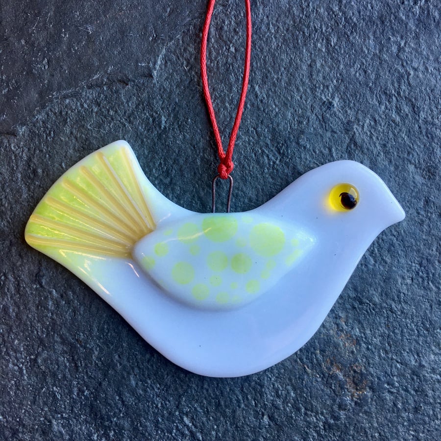 Fused Glass Christmas Peace dove Christmas Tree Decoration gold white and green