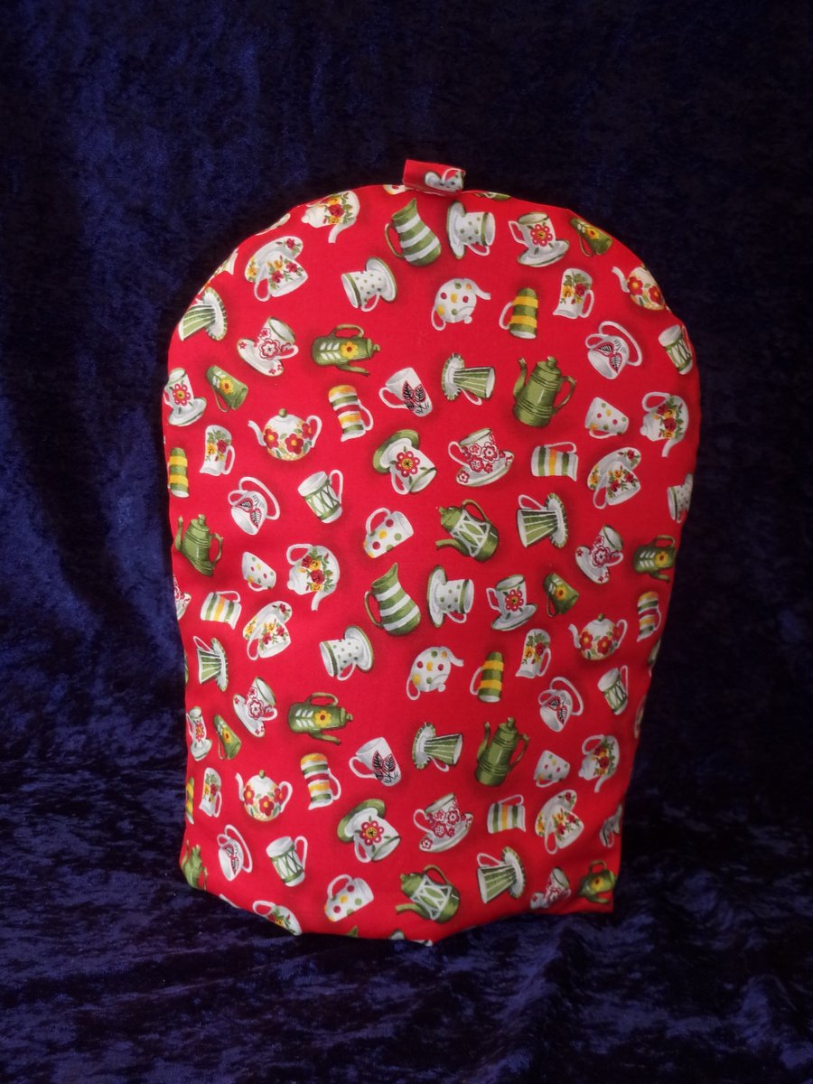Large Coffee Pot Cosy wth Cups & Saucers and Coffee Pots on Red
