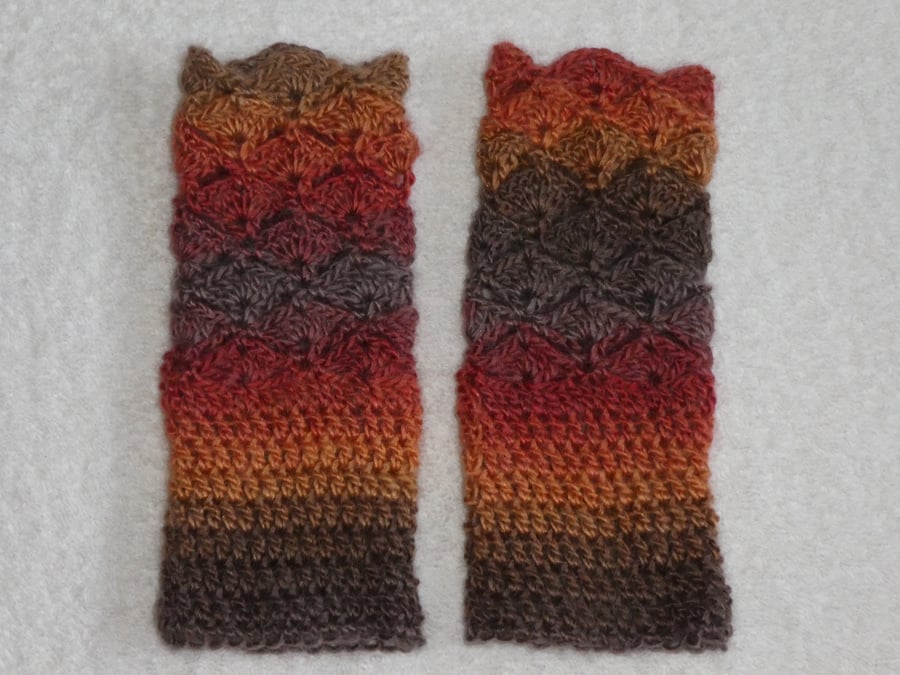 Crochet Fingerless Gloves Wrist Warmers in Double Knit Yarn Orange and Beige No2