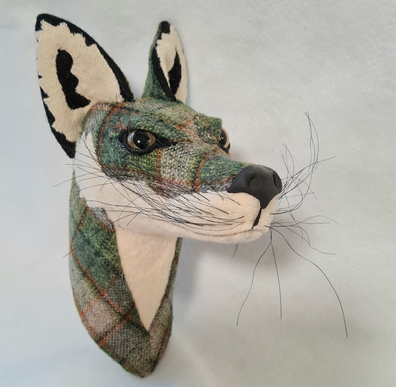 Faux fox wall mount ingreen and cream tweed tartan fabric- Felix