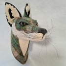 Faux fox wall mount ingreen and cream tweed tartan fabric- Felix