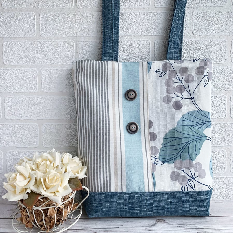 Tote Bag with Leaves and Berries Pattern and Striped Pattern