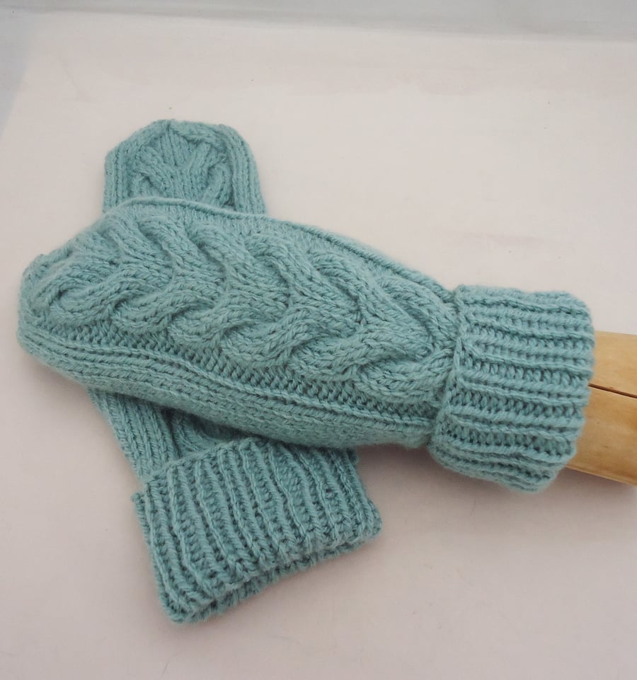 Hand Knit Cable Mittens in Duck Egg, Mittens for Women, Hand Knit Mittens