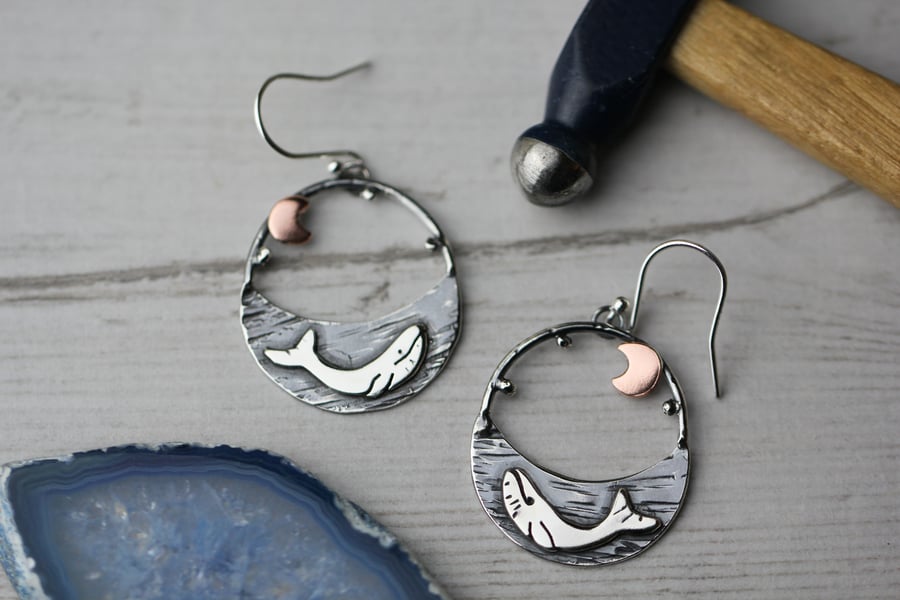Sterling silver and copper whale earrings