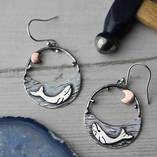 Sterling silver and copper whale earrings