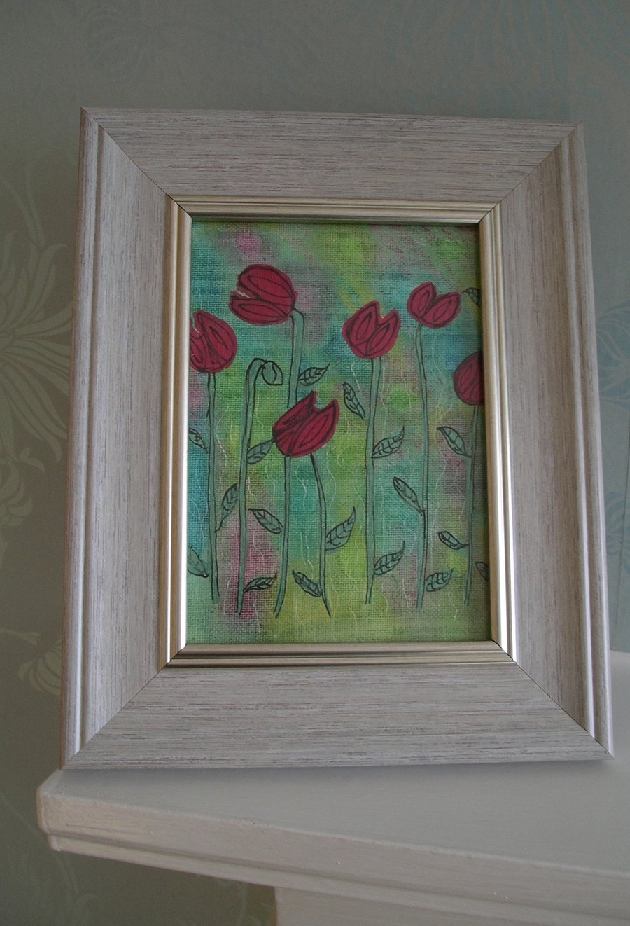 Raspberry Coloured Painted Flowers, Framed Canvas