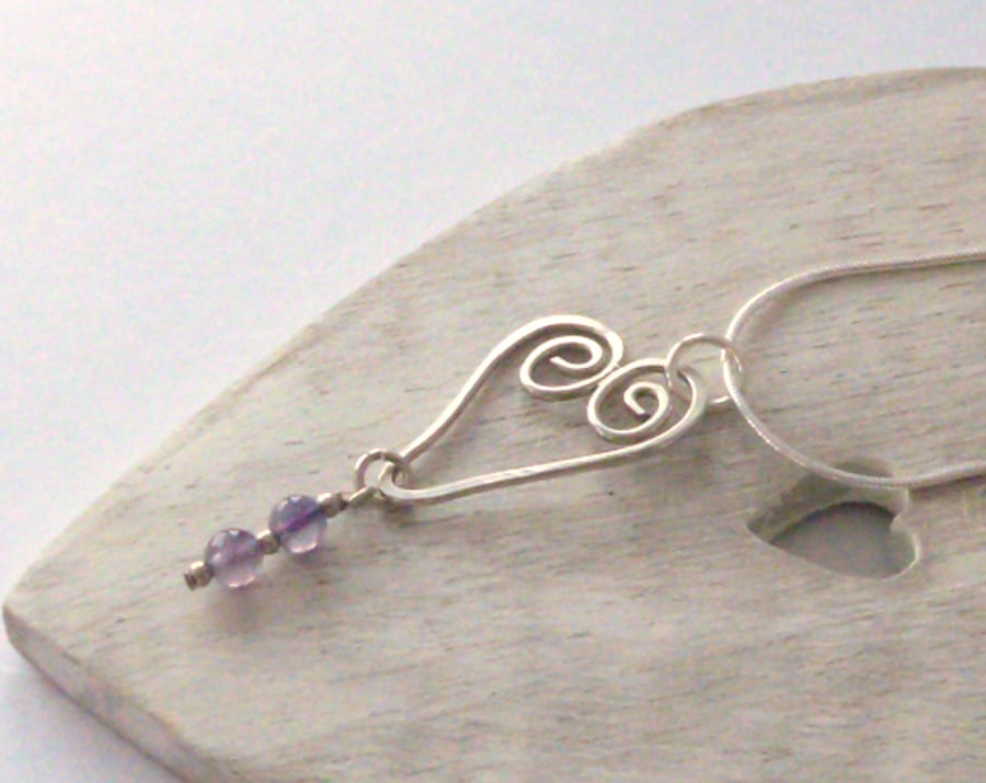Silver Wire Heart Pendant With Amethyst Beads, Valentine's Day Gift