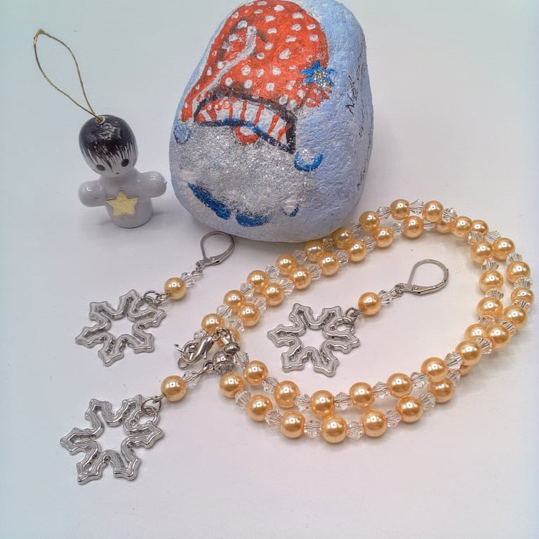 Enamel Snowflake on A Champagne Pearl and Crystal Necklace and Earrings Set