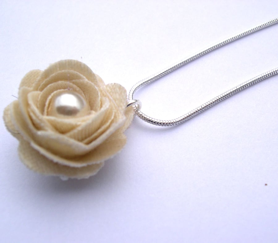 Hardened Cream Satin Damask Wedding Bridesmaid  Rose Necklace with Faux Pearl