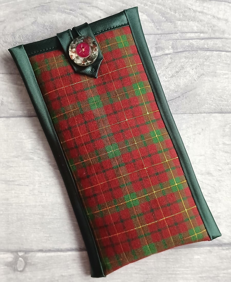 Red, Green & Gold Plaid Glasses Case, Storage Pouch