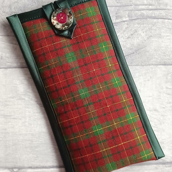 Red, Green & Gold Plaid Glasses Case, Storage Pouch