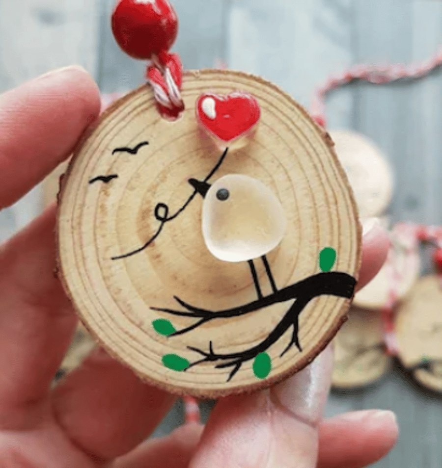 Sea Glass Art Bird Hanging Decoration - Beach Glass Wooden Ornament Gift Idea