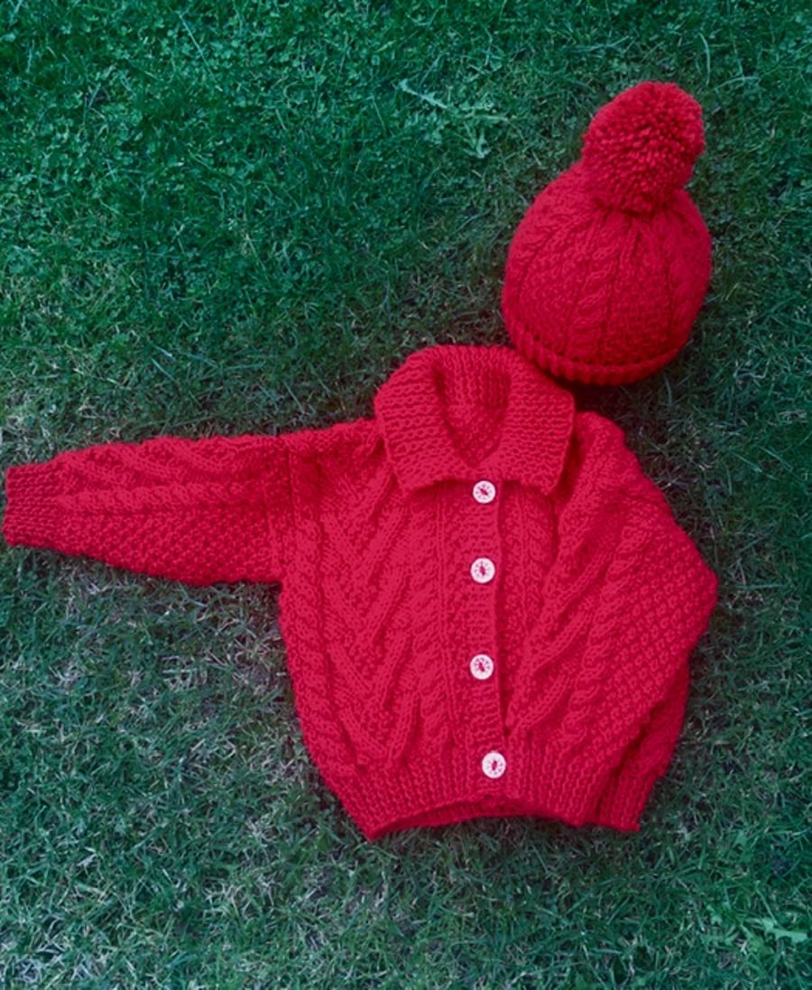 Childs Aran Cardigan and Bobble hat - Age 1 - 2 years