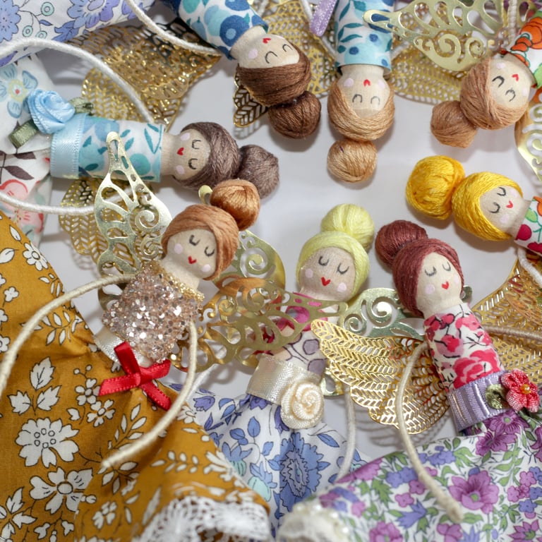 Liberty London 'Capel G' Fabric Handmade Peg Doll ( light brown hair)