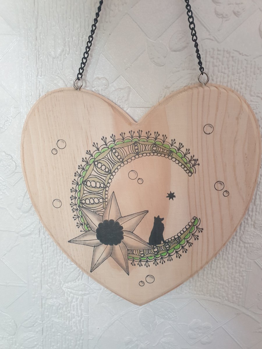 Dog on a moon hanging wooden heart