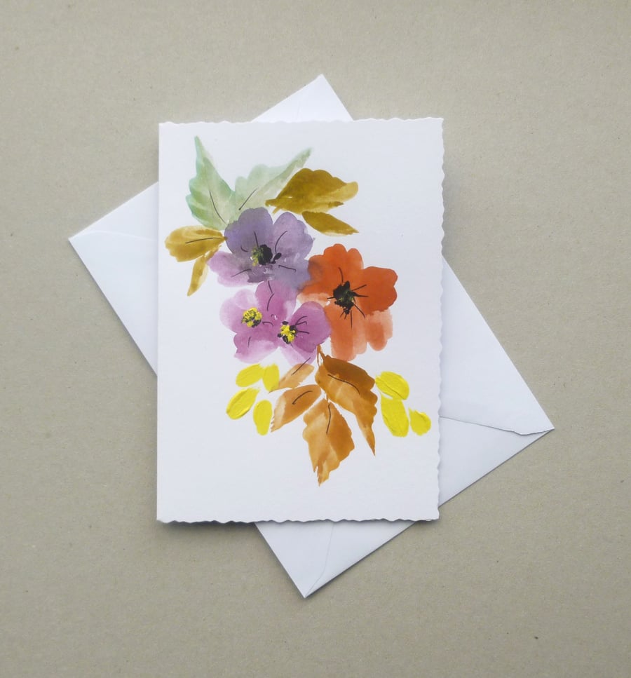original art hand painted floral blank card ( ref FA 137 A5 )