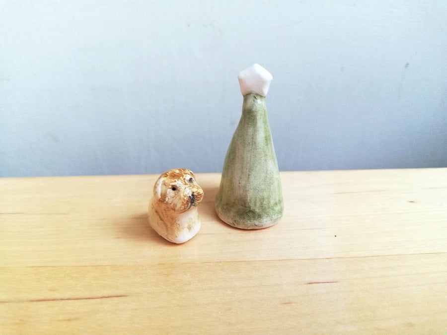 Miniature ceramic dog sculpture with Christmas tree, cake toppers or ornament 