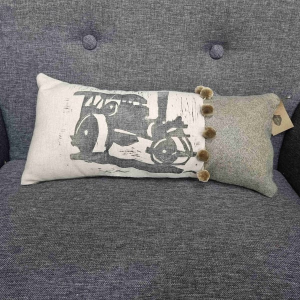 Hand Printed Steam Tractor Cushion with Pom-poms 