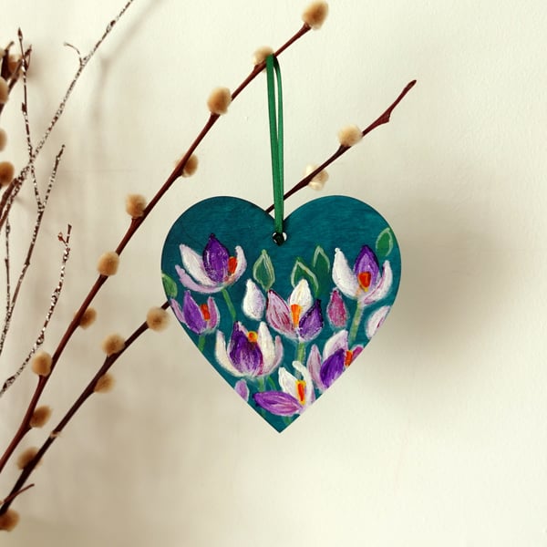 Purple Crocus Artwork Teal Hanging Heart Decoration Mini Floral Painting 