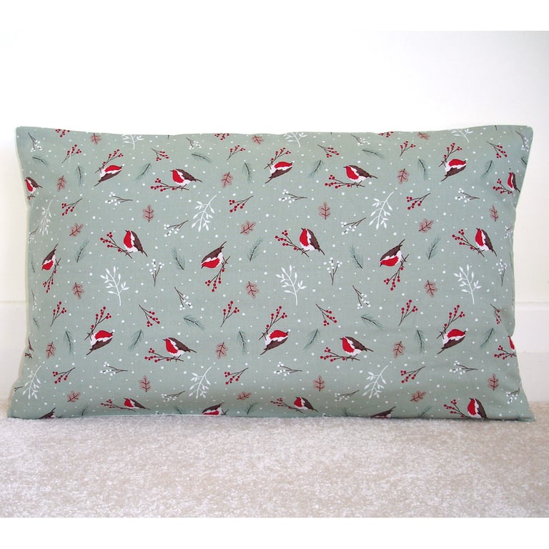 Christmas Cushion Cover Robin 20x12 Bolster Red and Green Robins