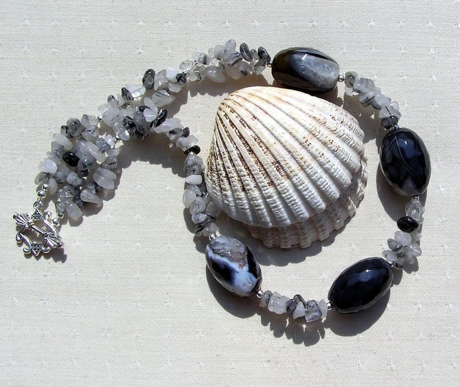 Black Agate & Quartz Crystal Gemstone Chunky Statement Necklace "Black Rumba"
