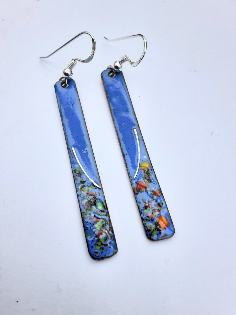 LONG SLIM ENAMELLED EARRINGS WITH STERLING SILVER WIREWORK - LAPIS BLUE