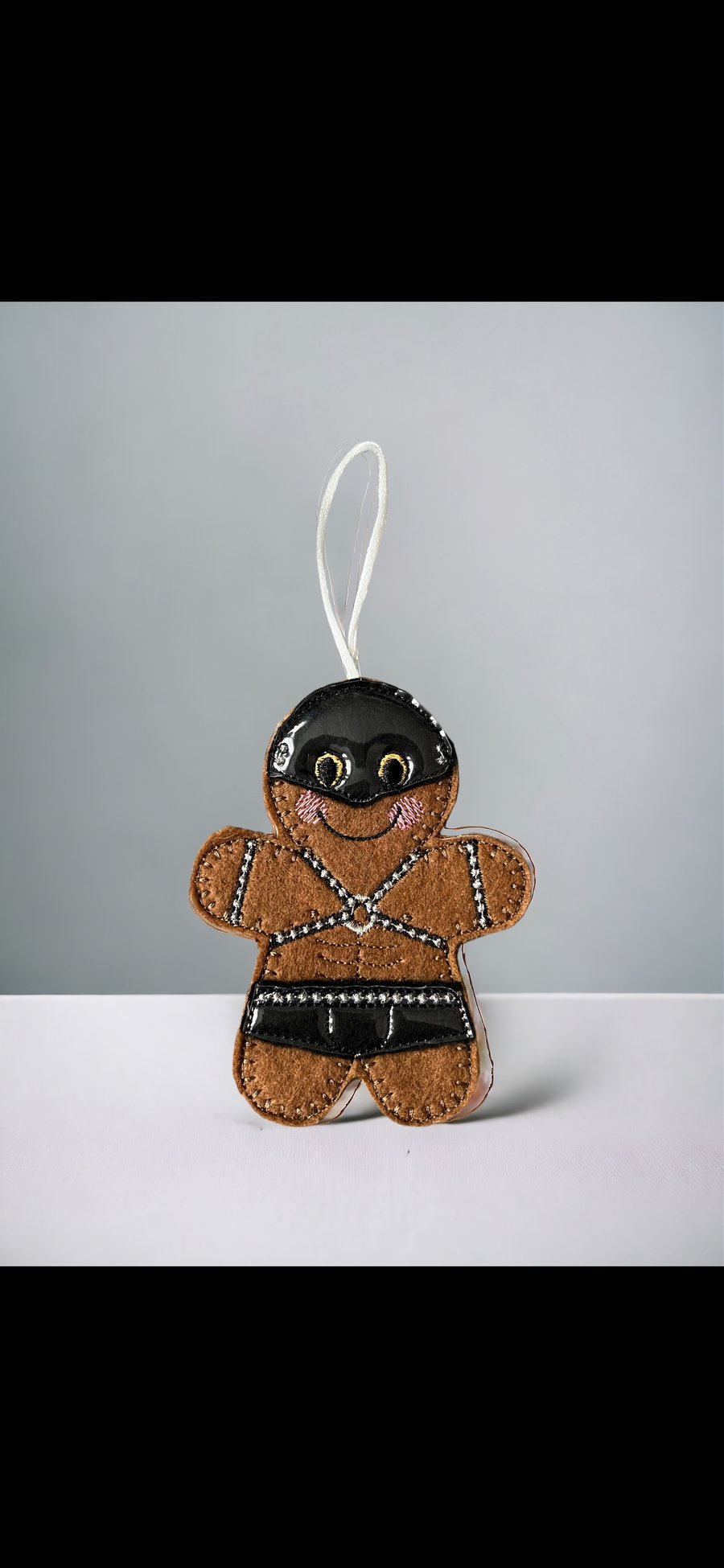 Sexy leather dressed Gingerbread man Embroidered Hanging Keepsake design 2