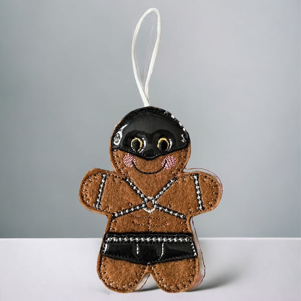 Sexy leather dressed Gingerbread man Embroidered Hanging Keepsake design 2