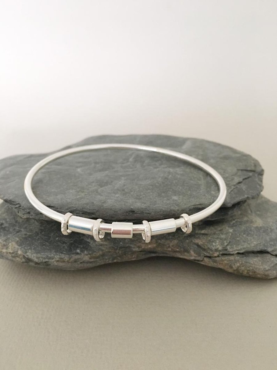 Silver Bangle - Silver Bangle with Jump Rings - Oval Silver Bangle