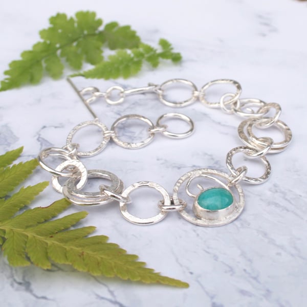 Sterling silver link bracelet with amazonite gemstone, inspired by ferns