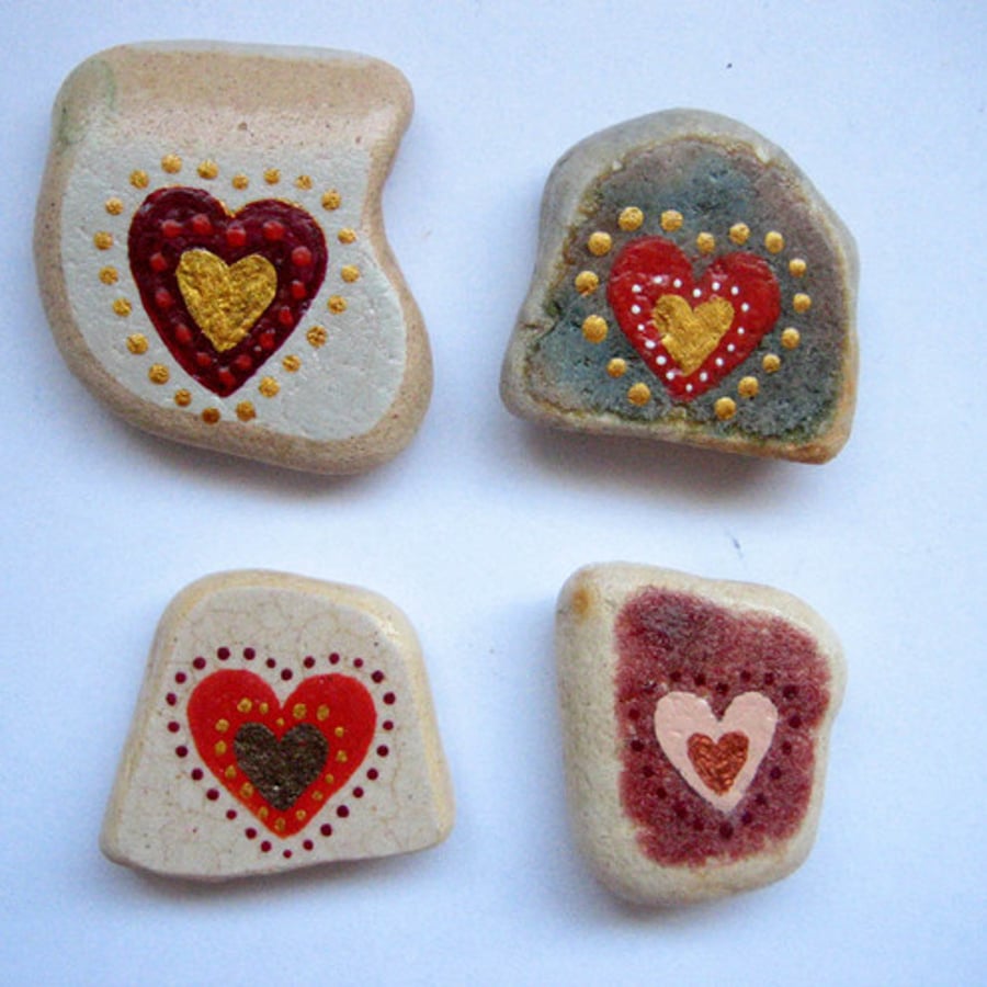 RESERVED: 4 heart stones (beach pottery.)