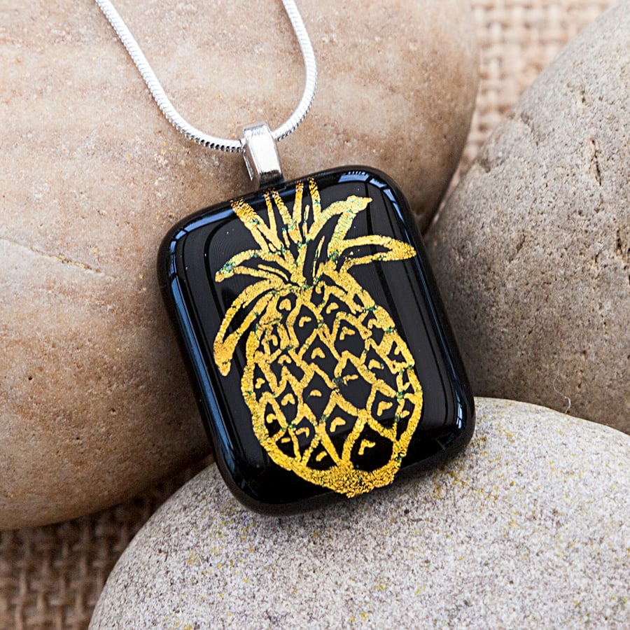 Golden Yellow Pineapple Necklace Etched Dichroic Fused Glass Pendant