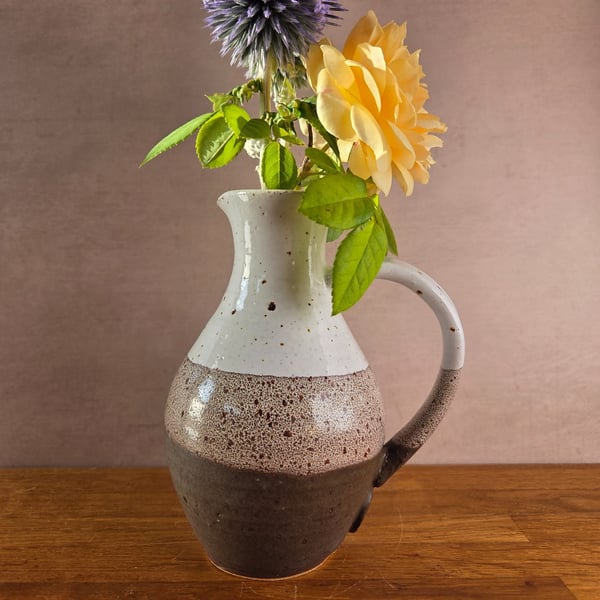 Small Slim Ceramic Jug in brown and white