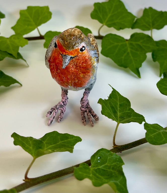 Papier mache Robin bird sculpture original art work