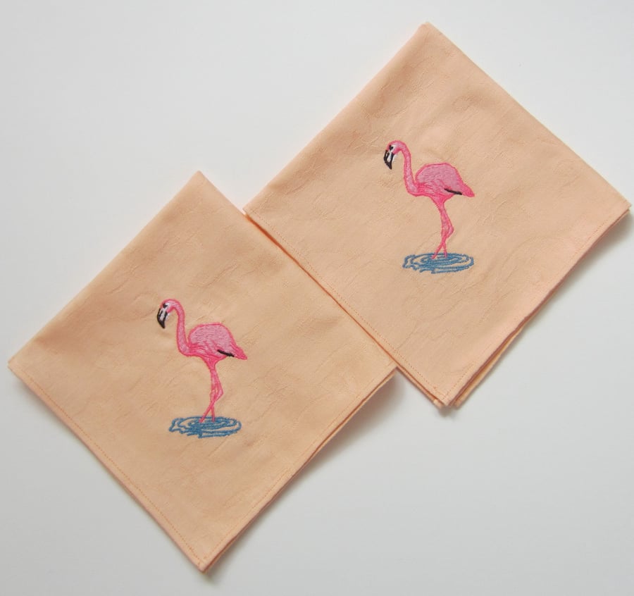 SALE Pair of Embroidered Flamingo Napkins
