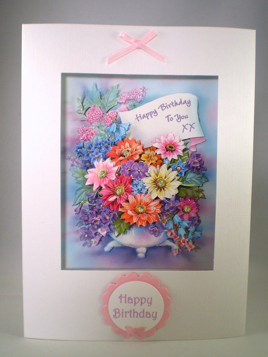 Handmade Decoupage,3D Birthday Card,  Flowers, Personalise