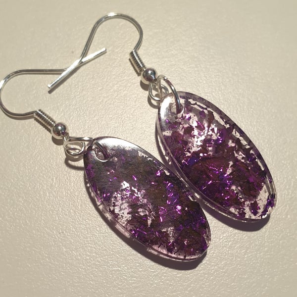 Oval purple metallic flakes resin earrings