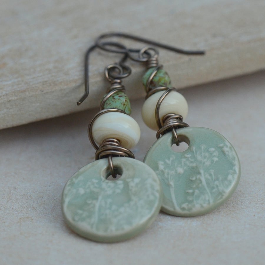 Pale Green Ceramic Charms, Lampwork Glass & Czech Bead Earrings